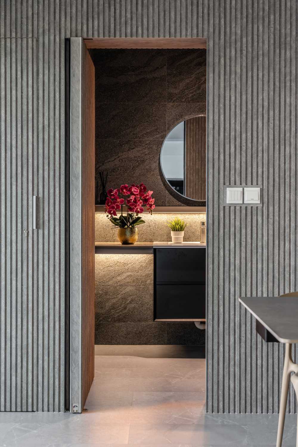 Contemporary Bathroom with Wood Flooring and Mirror