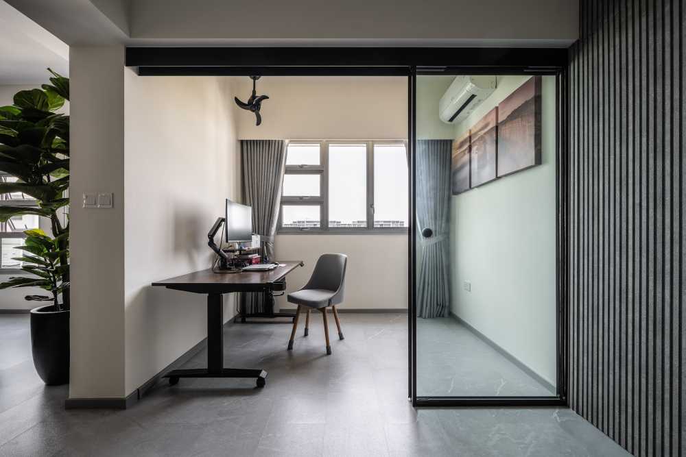 Contemporary Study with Ceiling Light and Chandelier