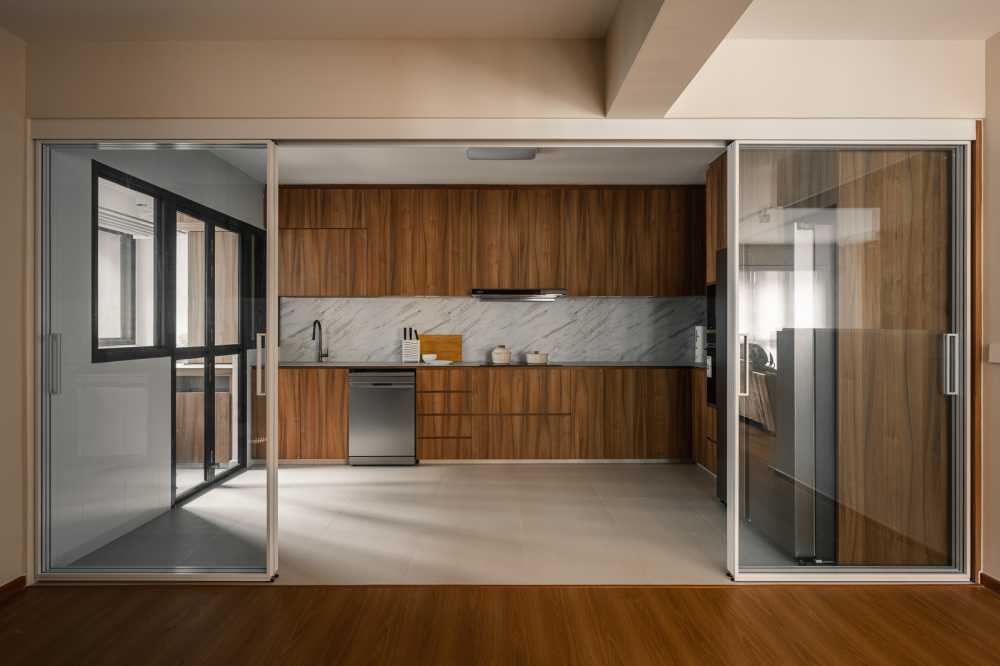Scandinavian Kitchen with Countertop and Homogeneous Tiles