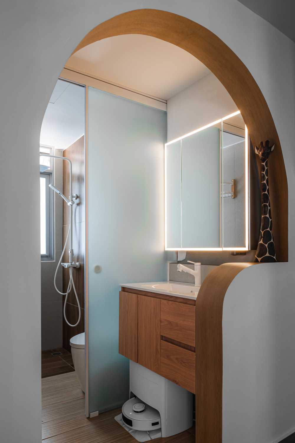 Country Bathroom with Wood Flooring and Mirror