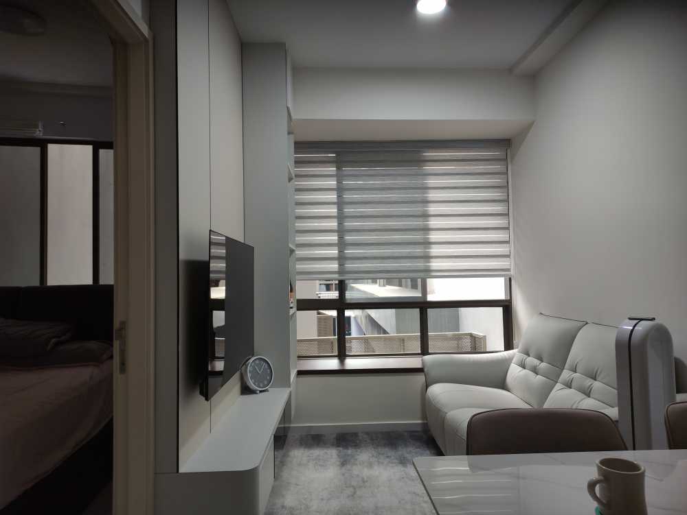 Scandinavian Living Room with Granite Floor and Ceiling Light