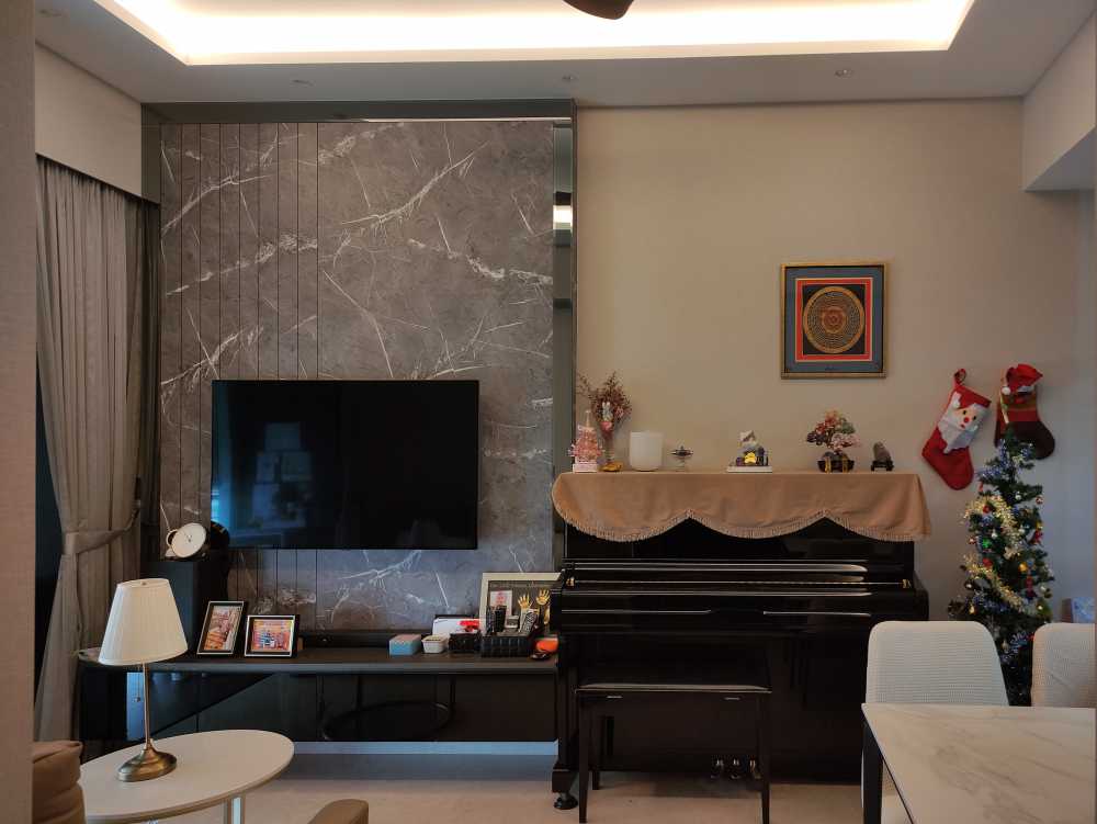 Scandinavian Living Room with Herringbone Tiling and Mirror