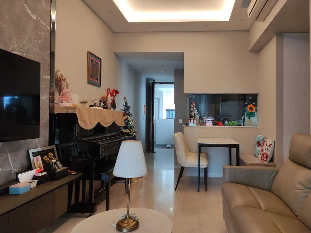 Scandinavian Living Room with Granite Floor and TV Console