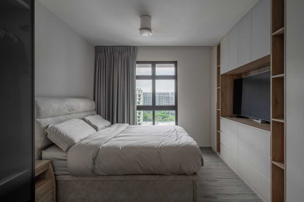 Scandinavian Bedroom with Vinyl Flooring and Cove Lighting