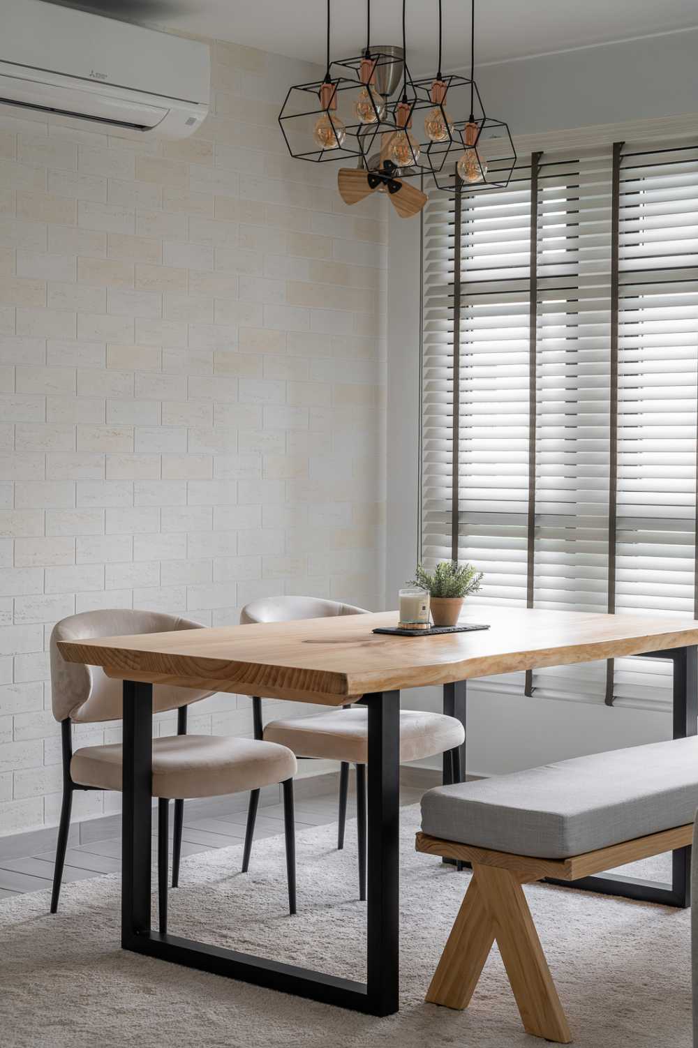 Scandinavian Dining Room with Drop Light and Cove Lighting