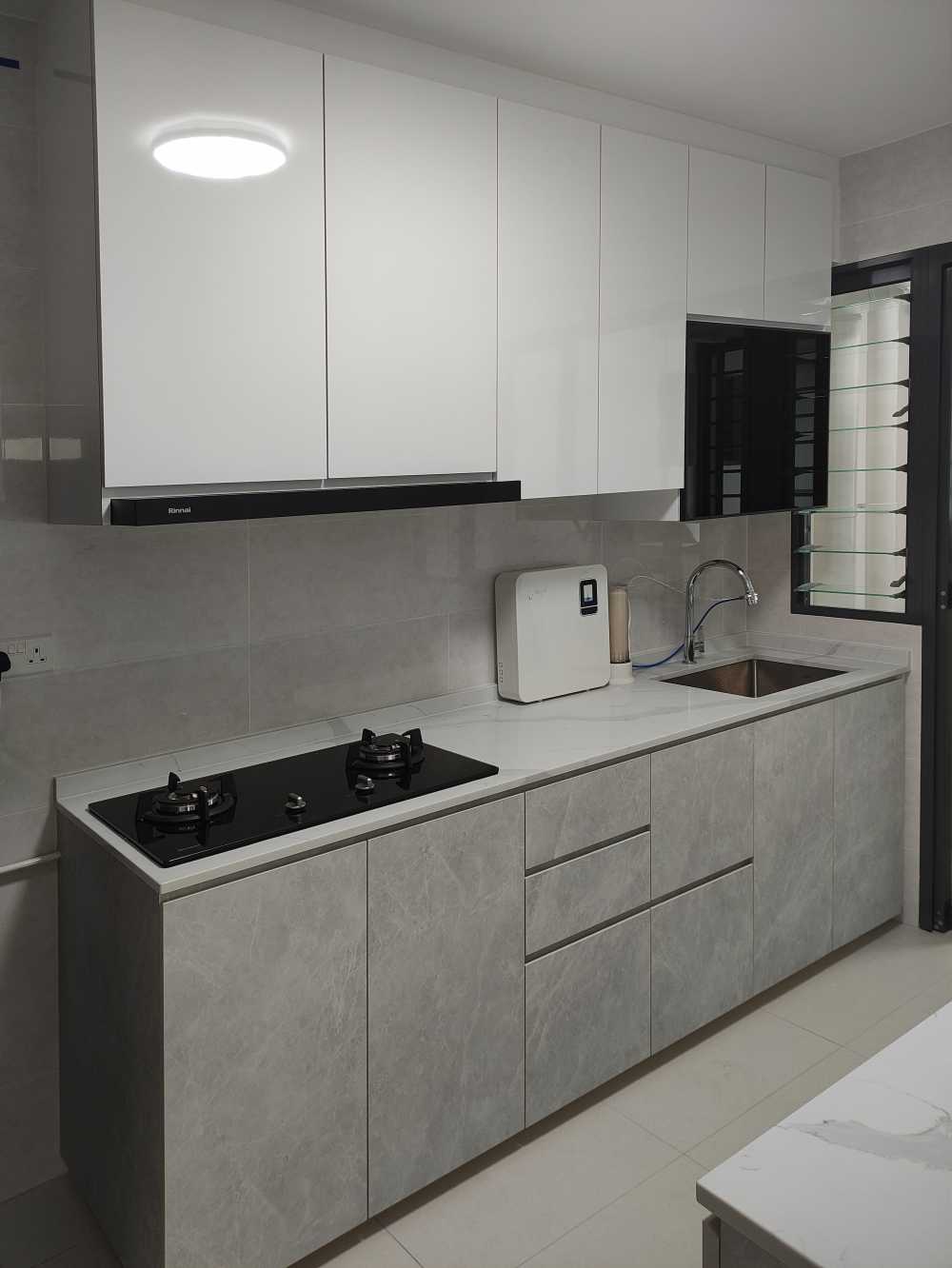Scandinavian Kitchen with Marble Floor and Wood Flooring