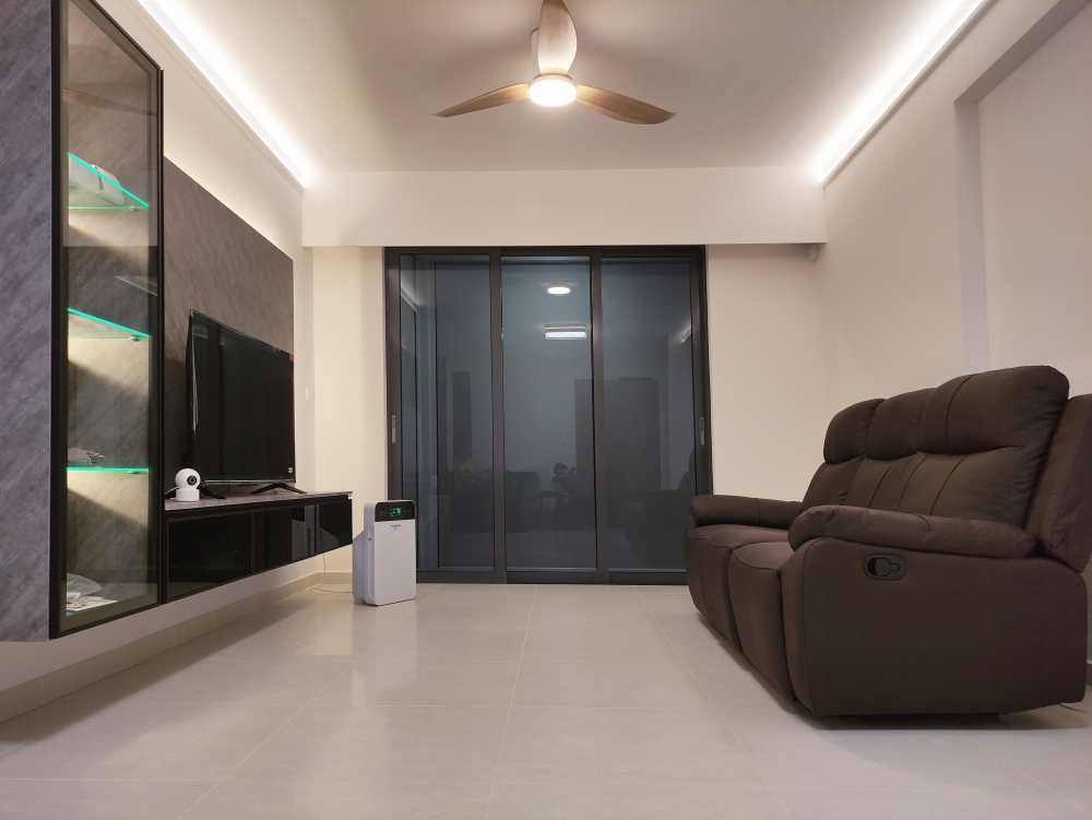 Scandinavian Living Room with Feature Wall and Drop Ceiling