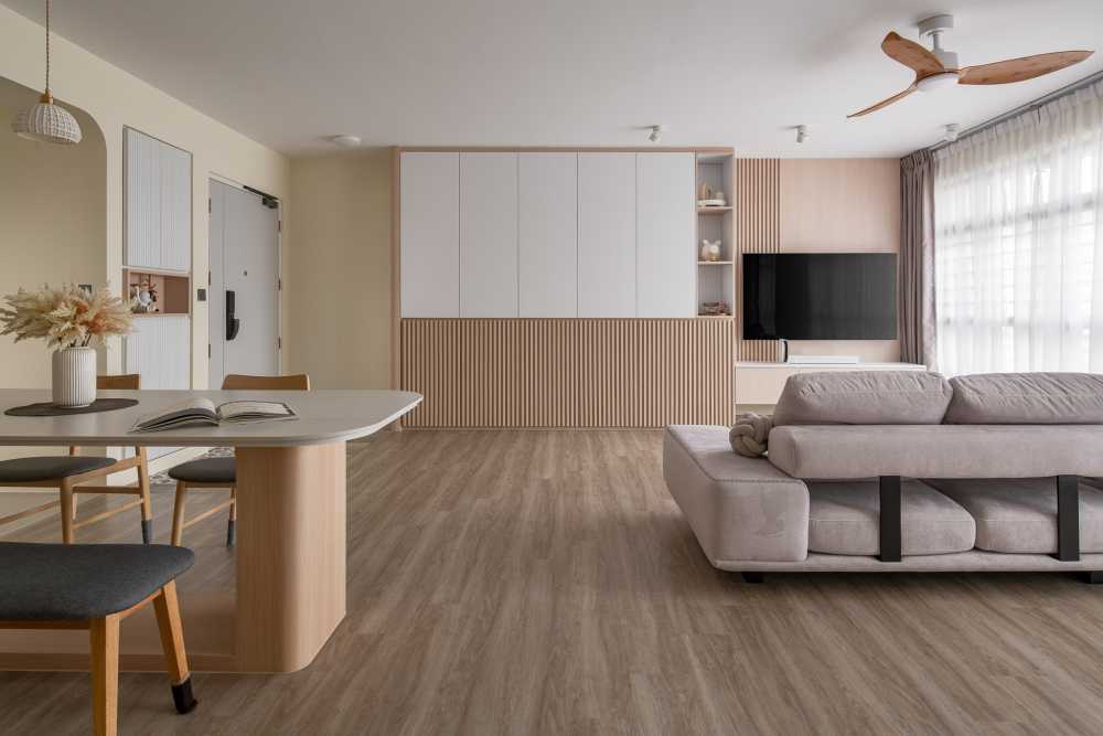 Scandinavian Living Room with Vinyl Flooring and TV Console