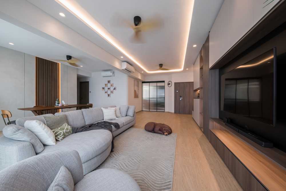 Scandinavian Living Room with TV Console and Ceiling Light