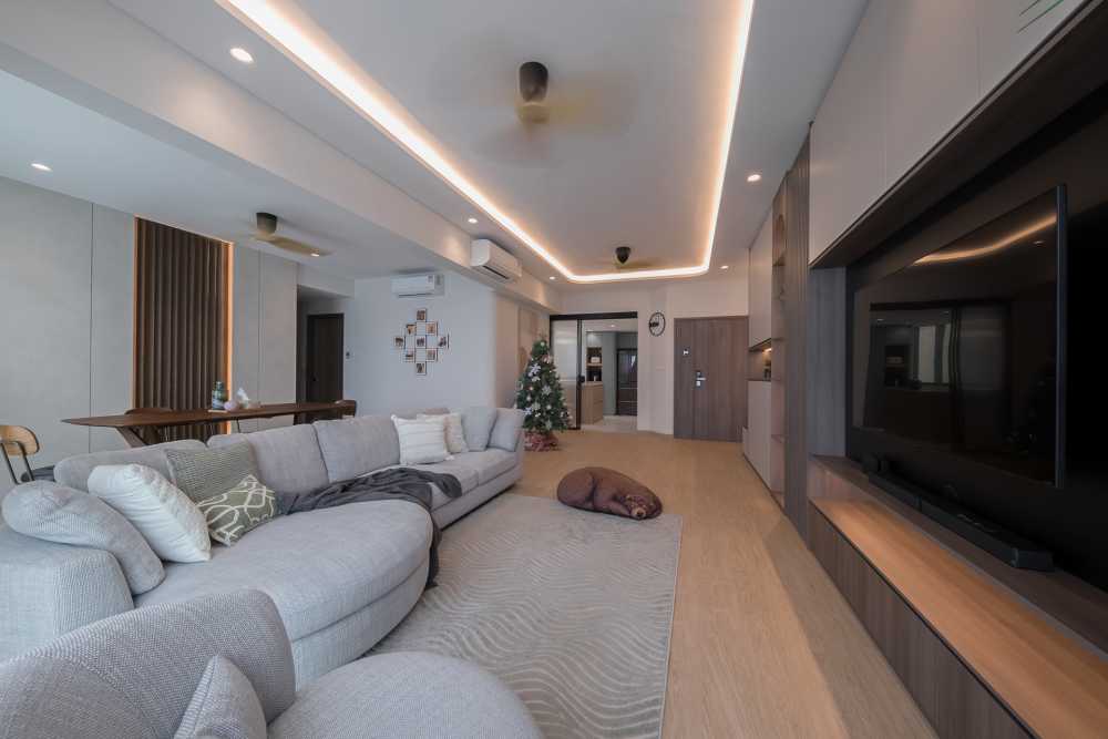 Scandinavian Living Room with TV Console and Feature Wall