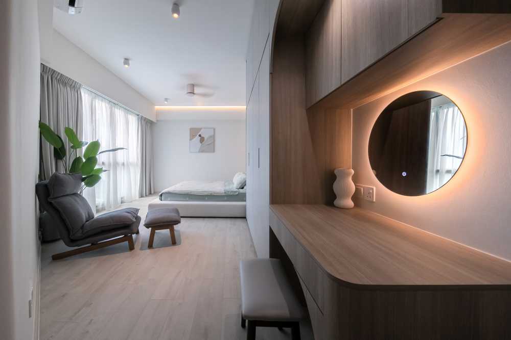 Scandinavian Bedroom with Vinyl Flooring and Cove Lighting