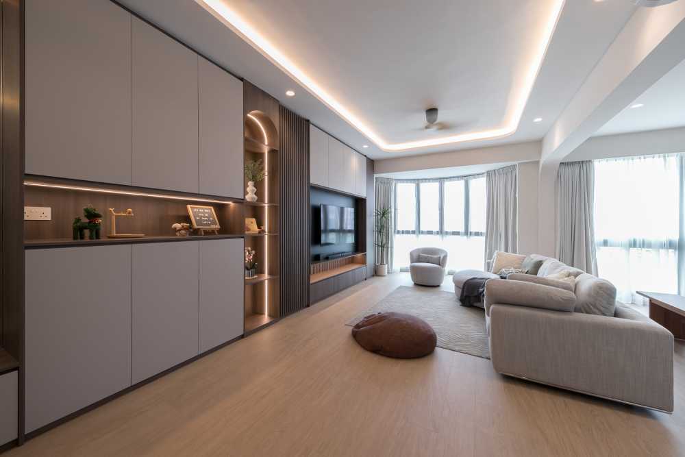Scandinavian Living Room with TV Console and Feature Wall