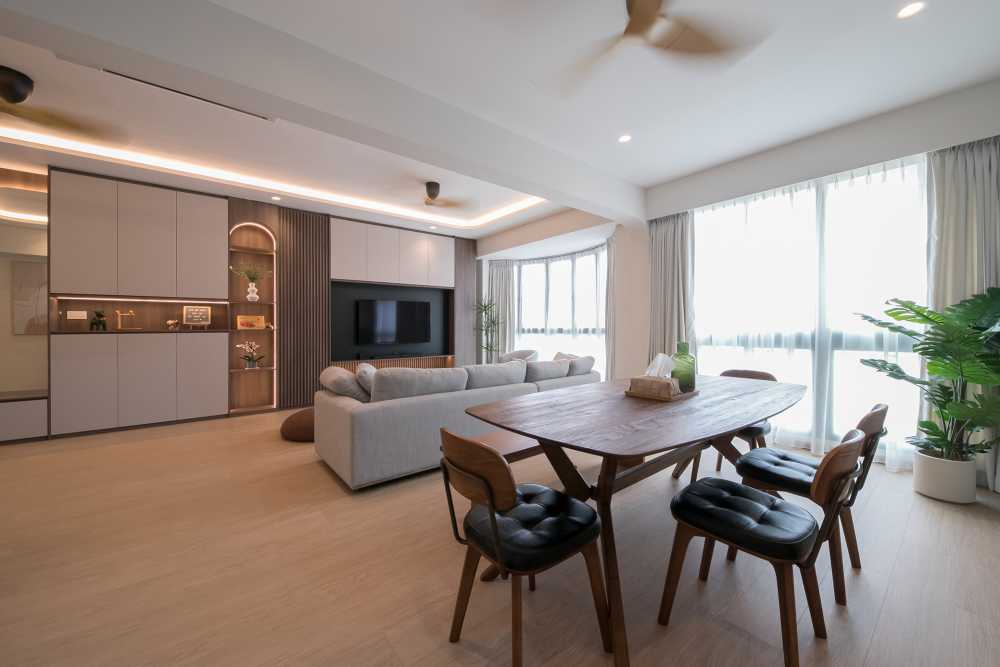 Scandinavian Living Room with TV Console and Feature Wall