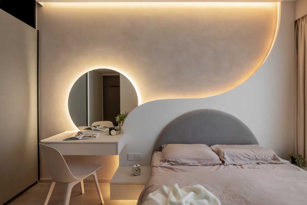 Minimalist Bedroom with Vinyl Flooring and Cove Lighting