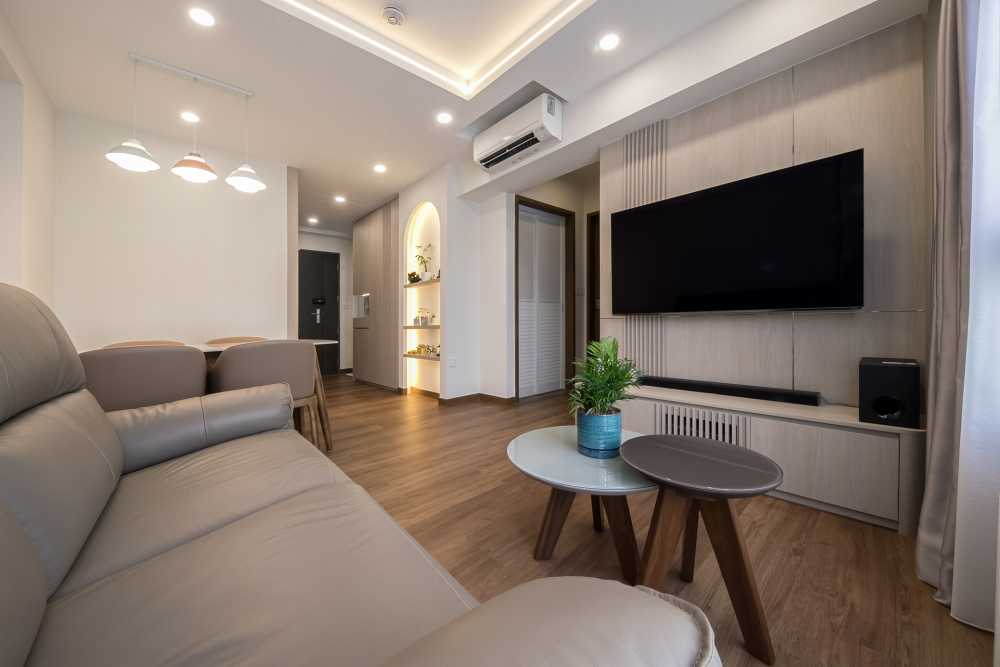 Scandinavian Living Room with Vinyl Flooring and TV Console