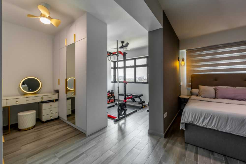Modern Bedroom with Vanity Counter and Gym Equipment