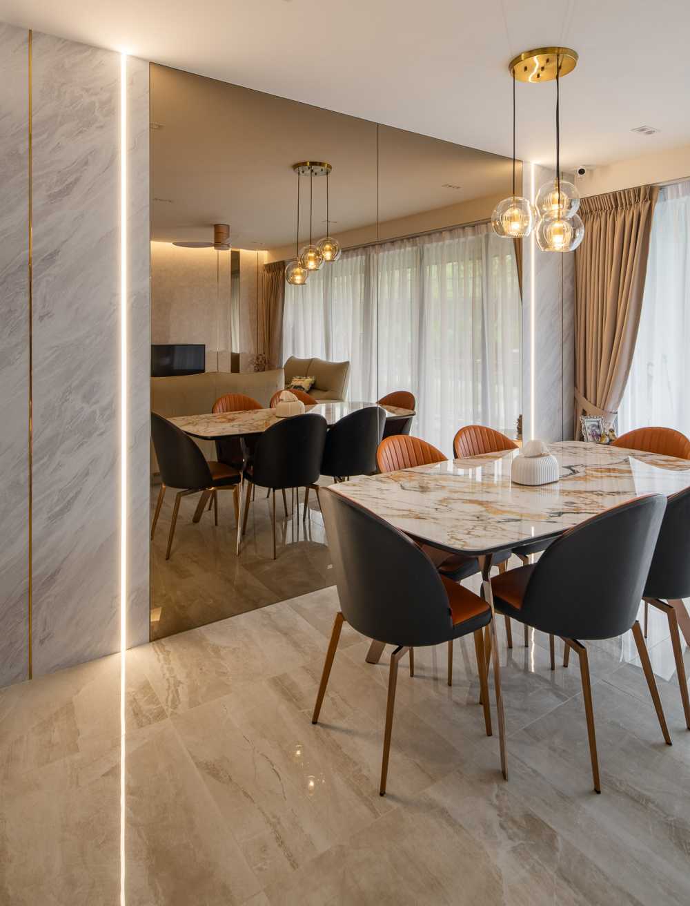 Contemporary Living Room with Homogeneous Tiles and Feature Wall
