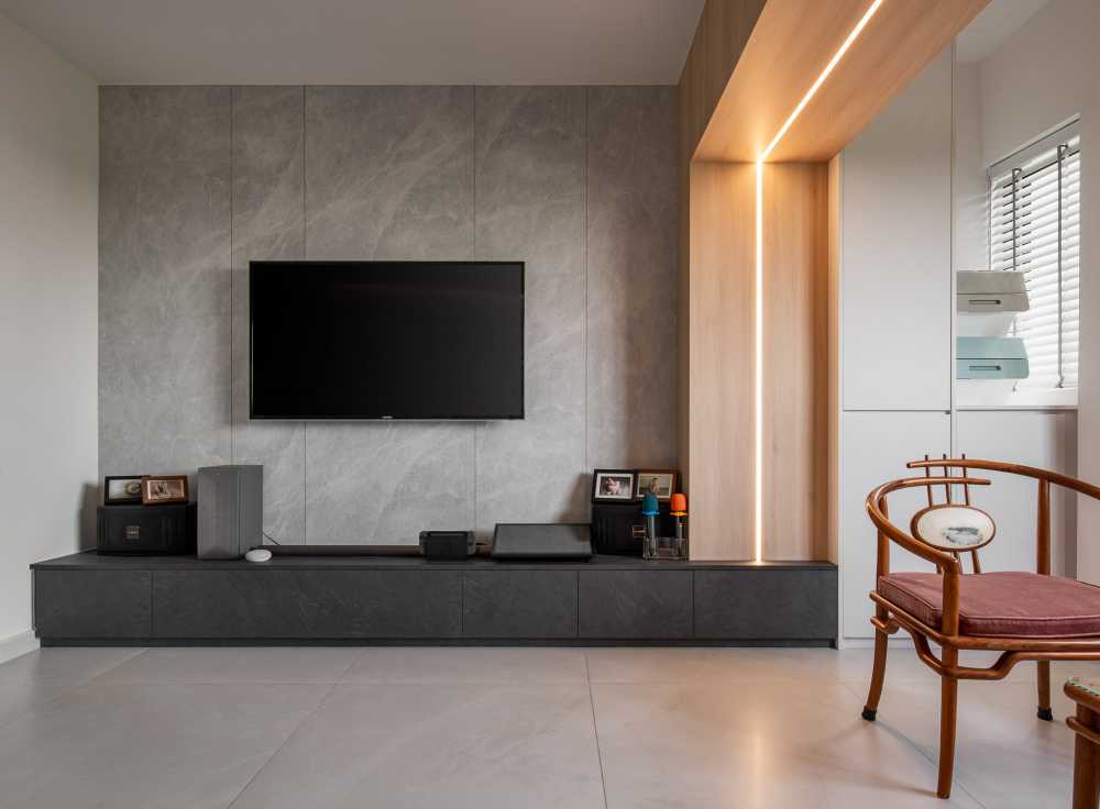 Scandinavian Living Room with TV Console and Feature Wall