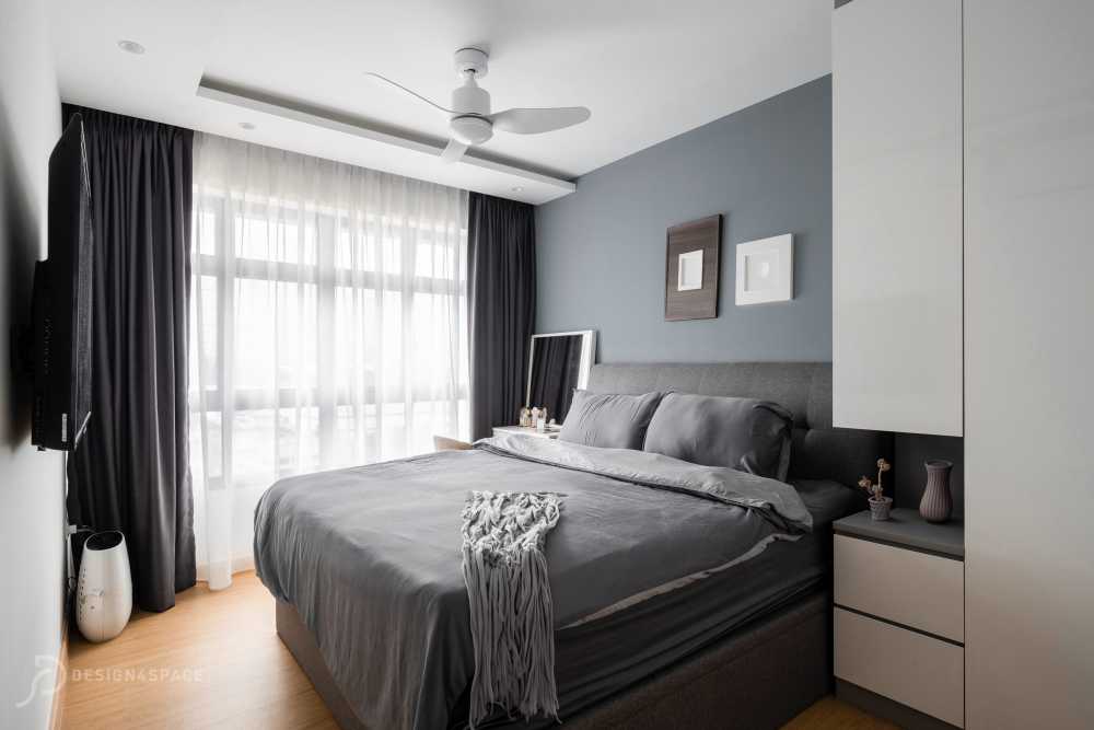 Contemporary Bedroom with Homogeneous Tiles and Wood Flooring