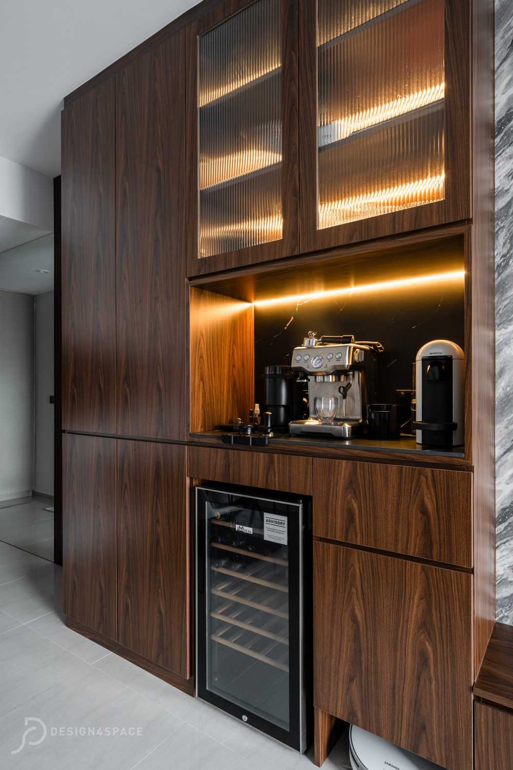 Contemporary Wine Cellar with Drinkware and Shelving Units