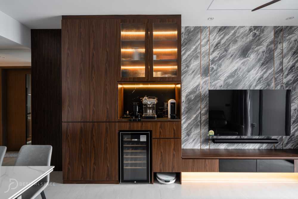 Contemporary Living Room with TV Console and Feature Wall