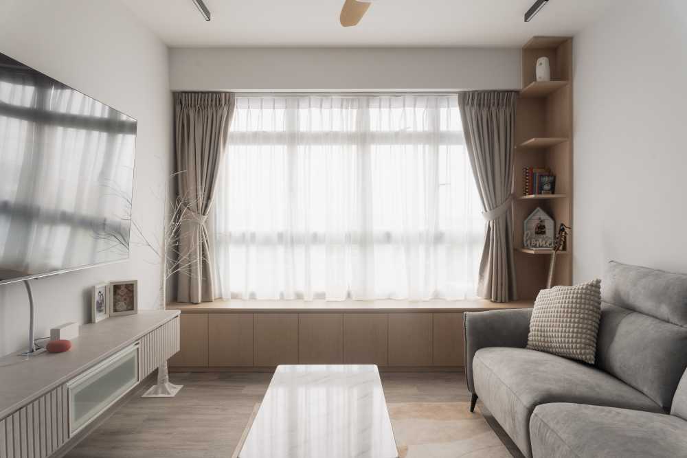Scandinavian Living Room with Bookshelf and Vinyl Flooring
