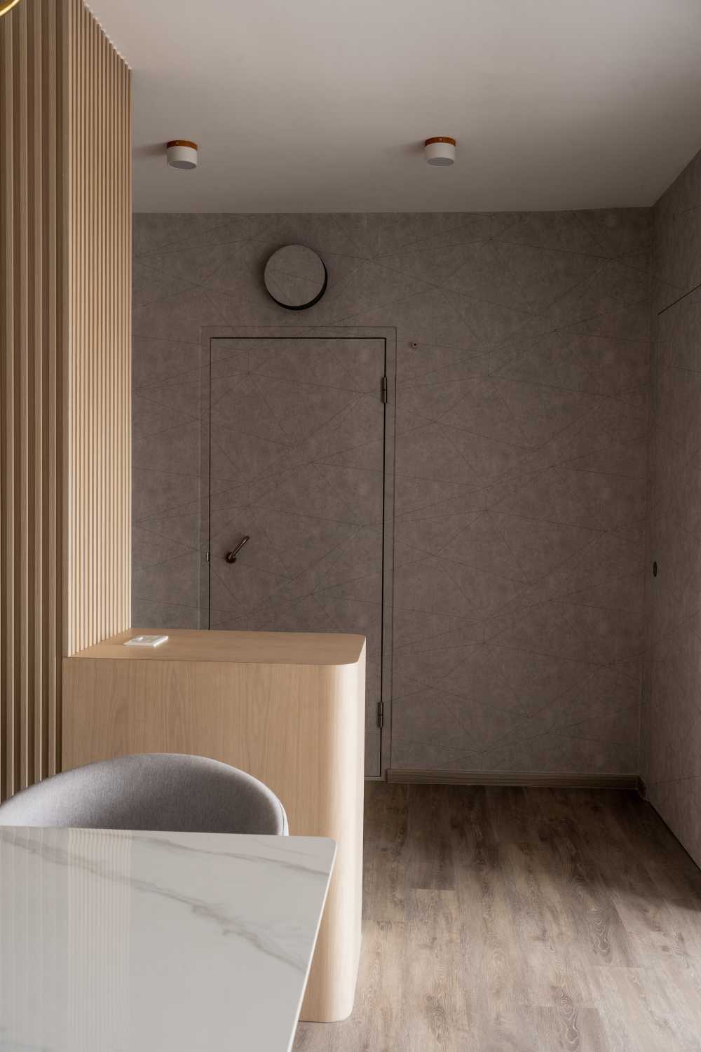 Scandinavian Hallway with Display Cabinets and Doors