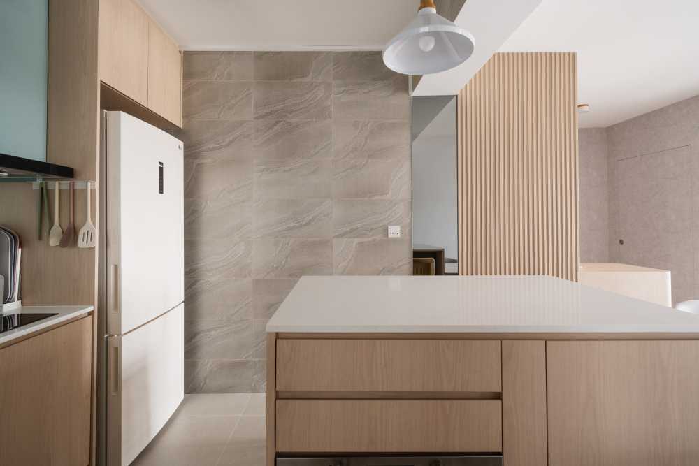 Scandinavian Kitchen with Countertop and Vinyl Flooring