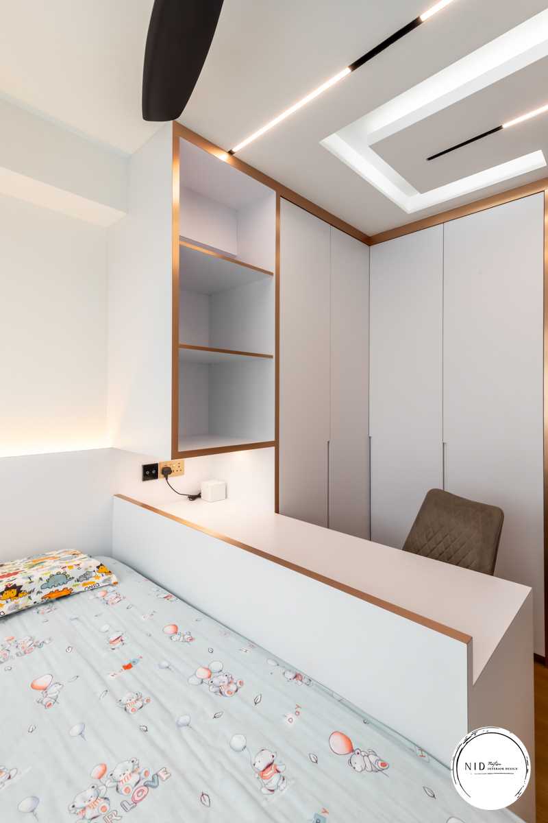 Modern Bedroom with Bookshelf and Vinyl Flooring