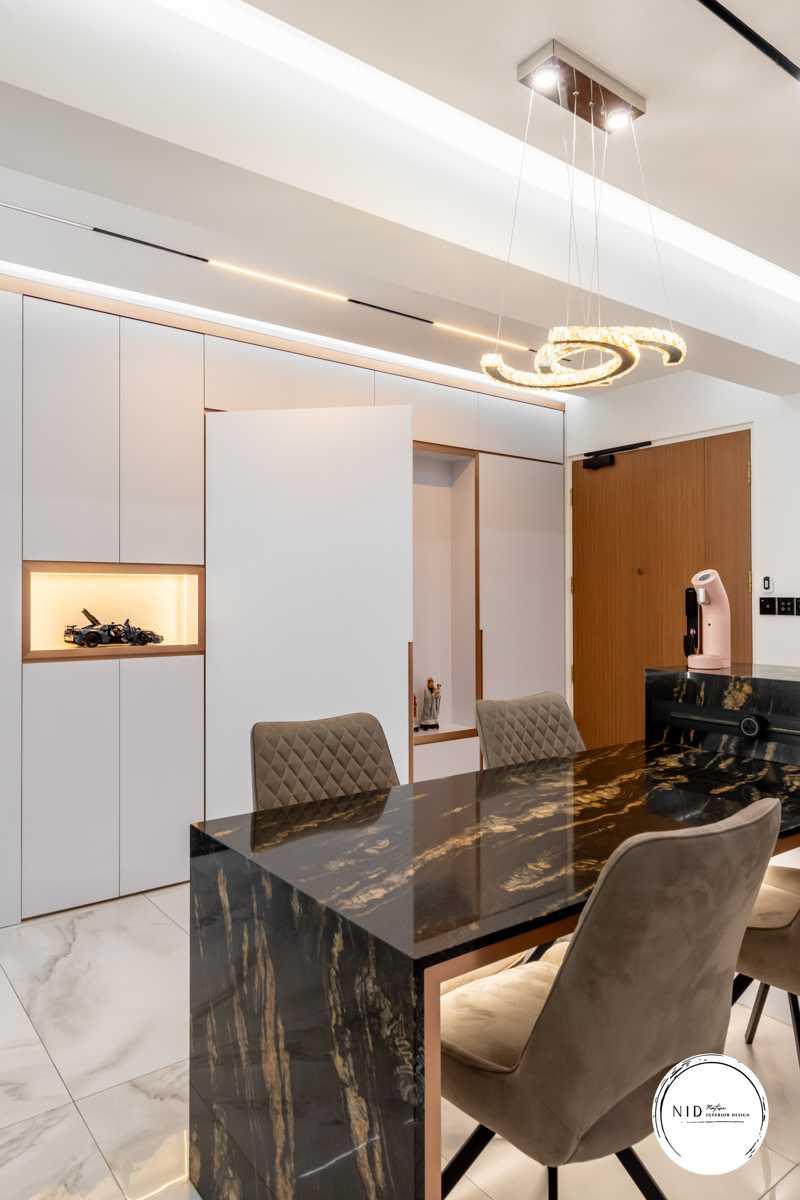 Modern Dining Room with Cove Lighting and Drop Ceiling