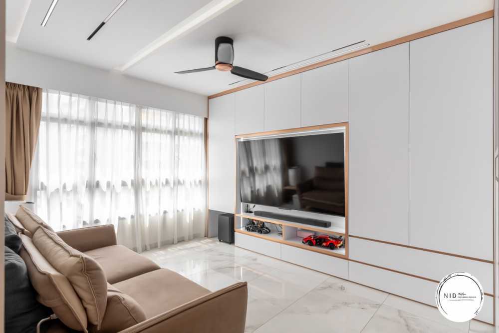 Modern Living Room with Homogeneous Tiles and TV Console
