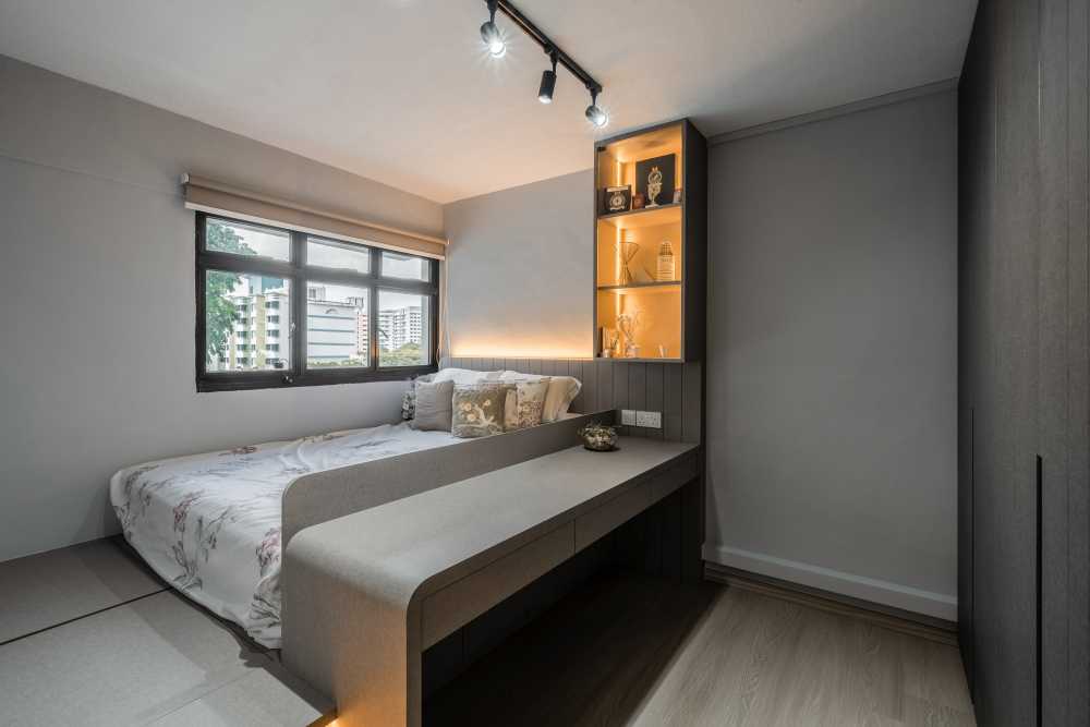 Contemporary Bedroom with Wood Flooring and Queen Bed
