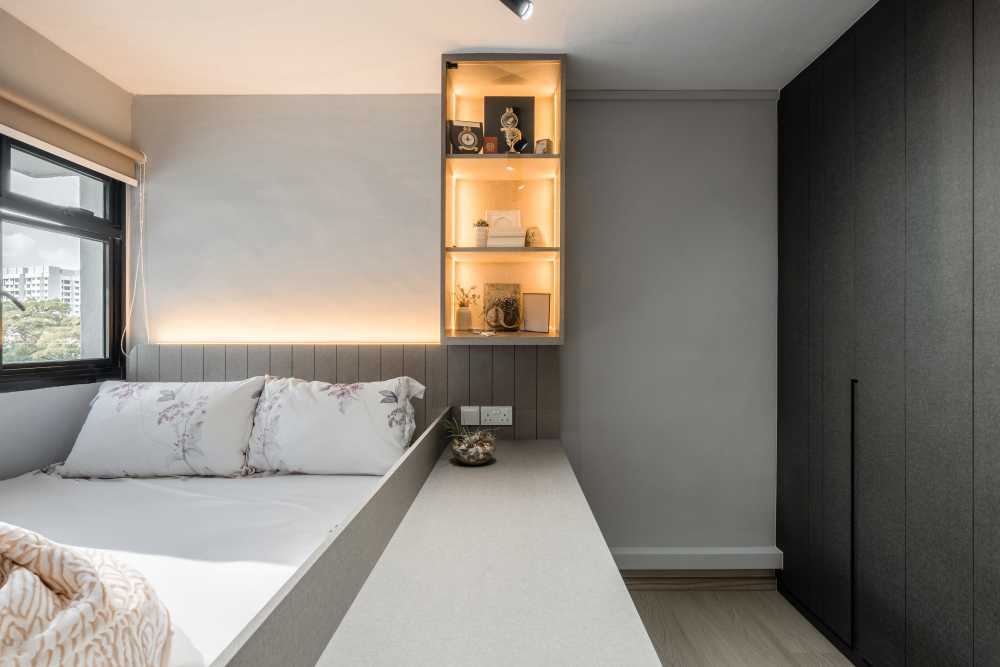 Contemporary Bedroom with Wood Flooring and Queen Bed