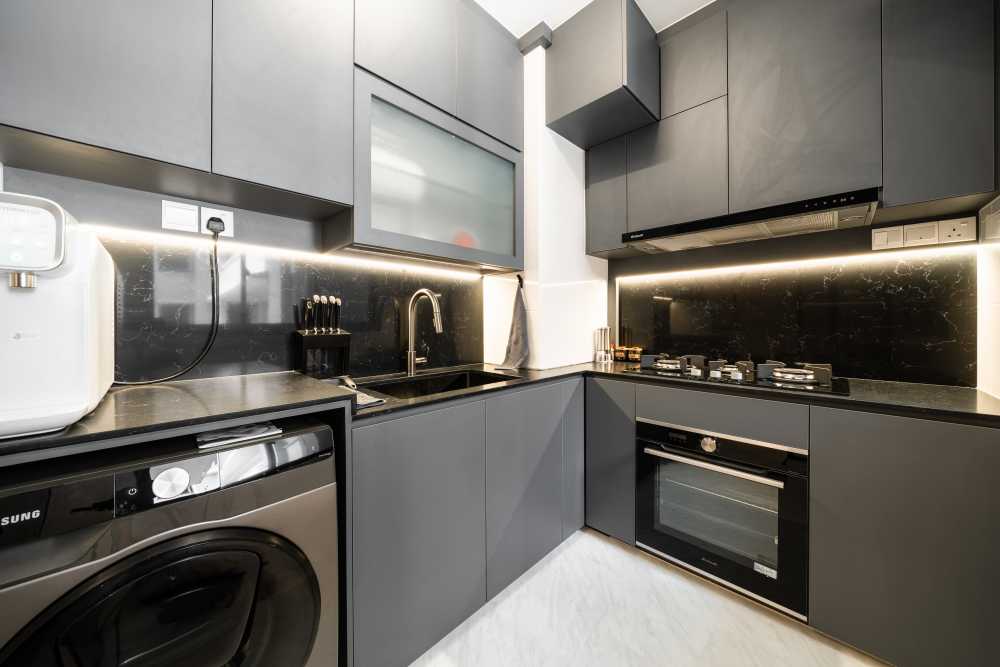 Modern Kitchen with Herringbone Tiling and Kitchen Window