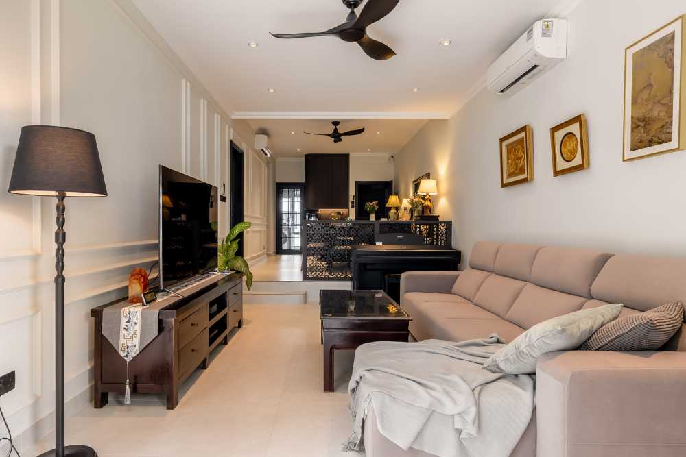 Modern Living Room with Homogeneous Tiles and Ceiling Light