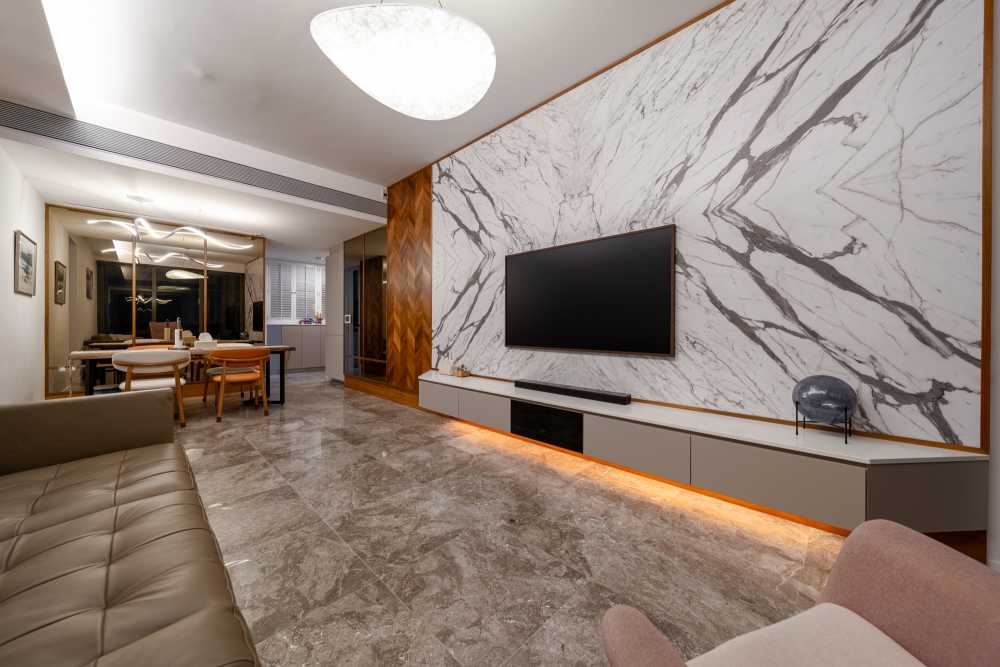 Modern Living Room with Granite Floor and TV Console