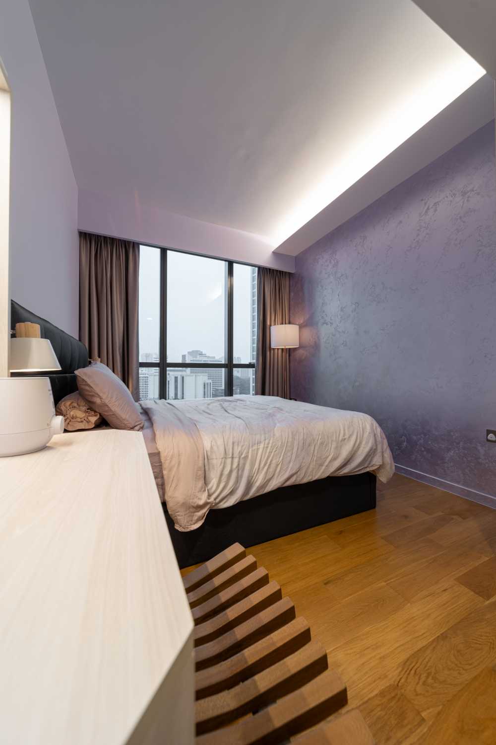 Modern Bedroom with Parquet Floor and Feature Wall
