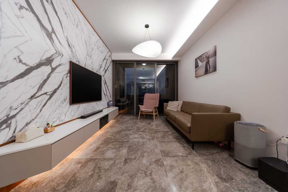 Modern Living Room with Granite Floor and TV Console