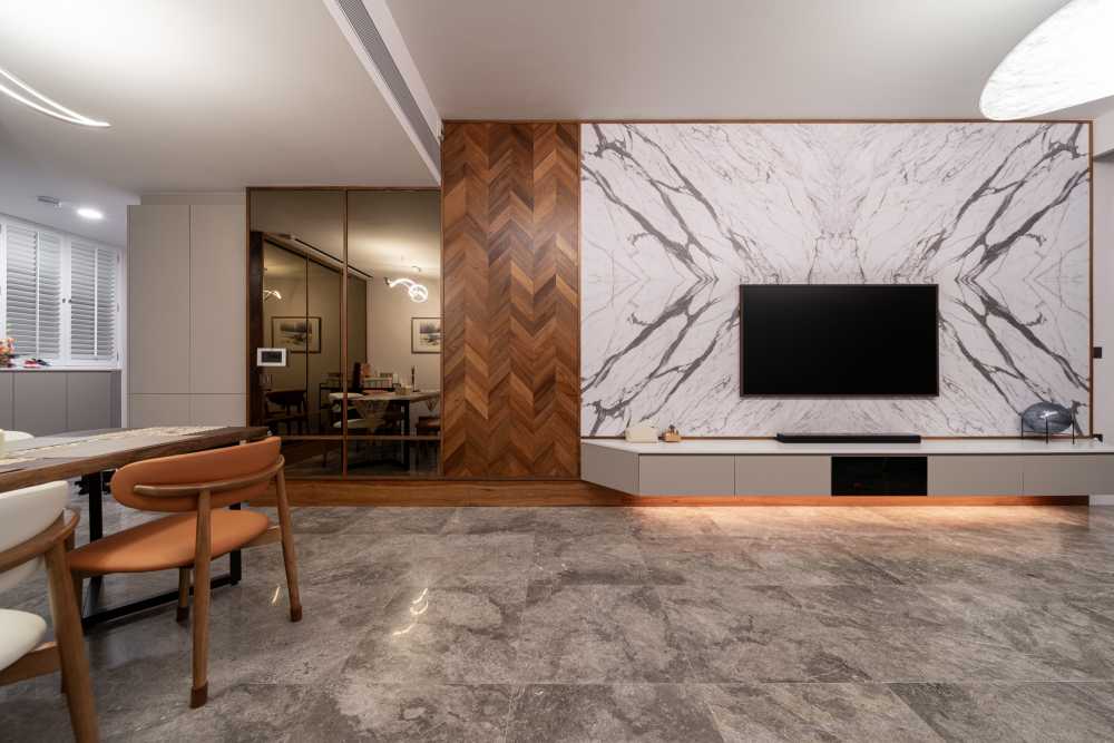 Modern Living Room with Granite Floor and TV Console