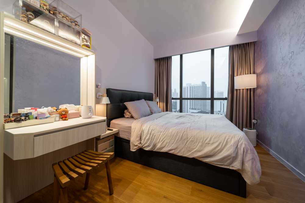Modern Bedroom with Parquet Floor and Feature Wall
