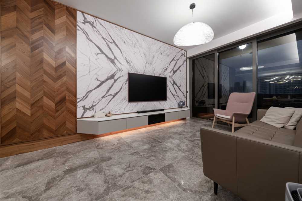 Modern Living Room with Granite Floor and TV Console