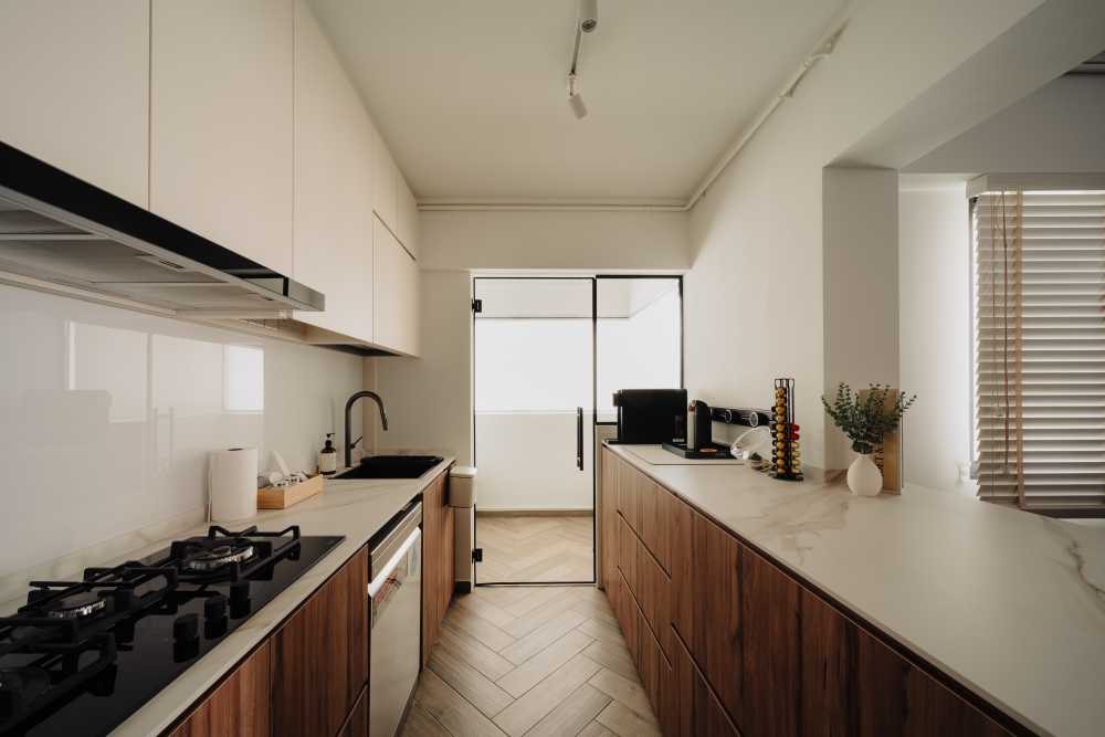 Contemporary Kitchen with Countertop and Herringbone Tiling