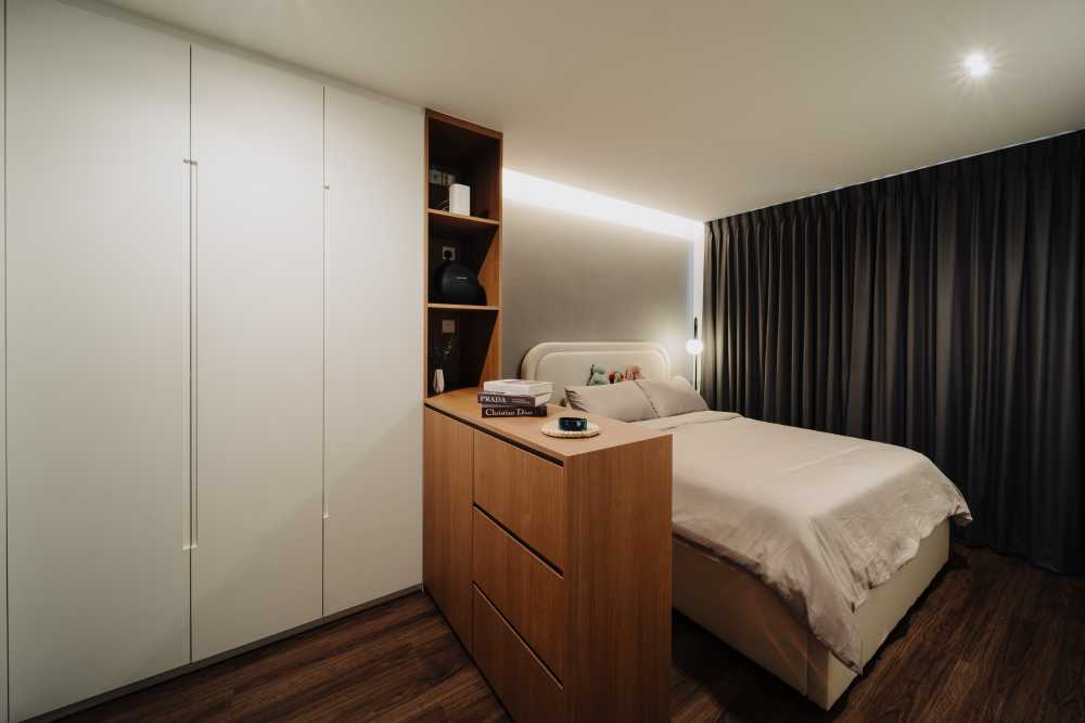 Contemporary Bedroom with Bookshelf and Wood Flooring