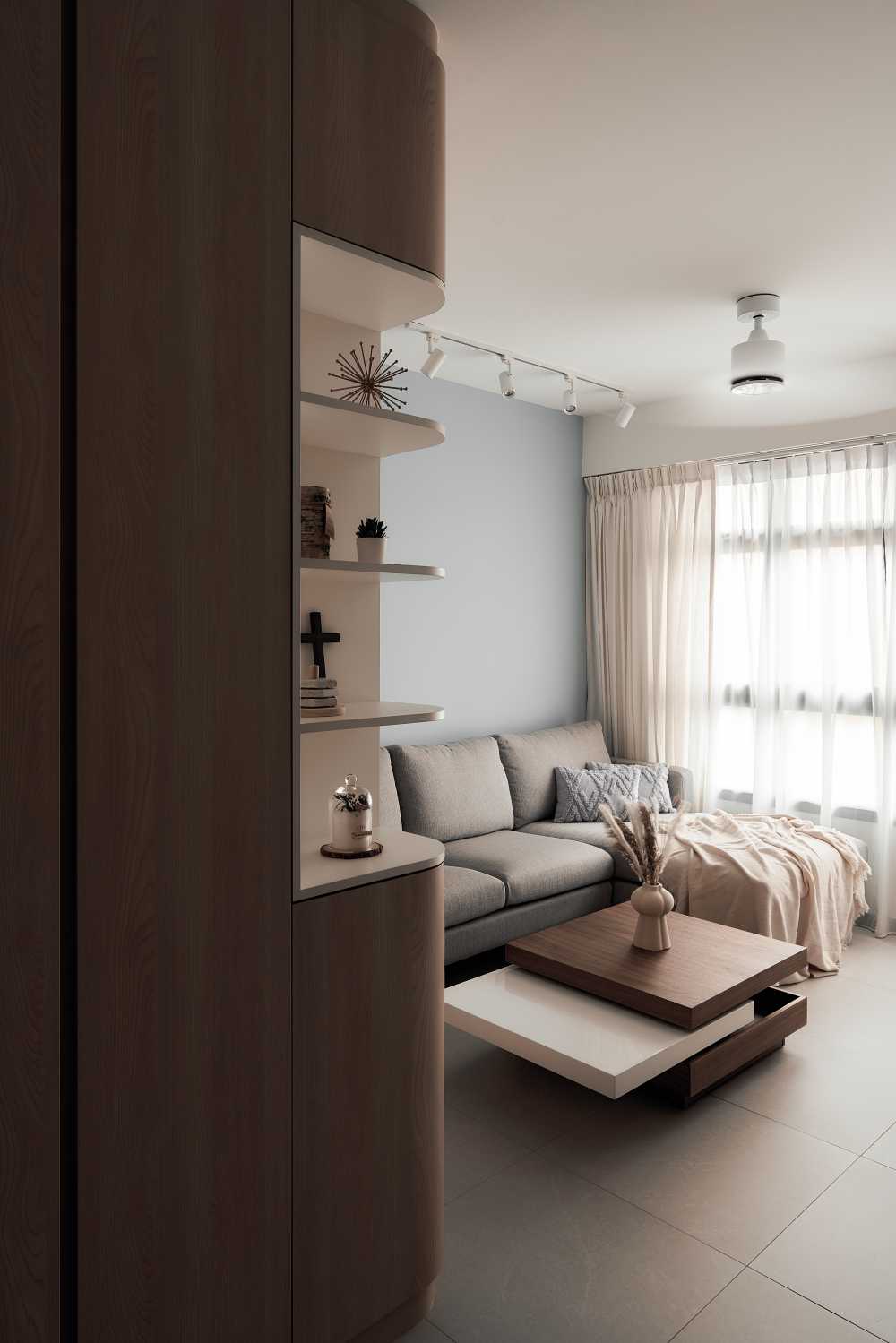 Scandinavian Living Room with Homogeneous Tiles and Feature Wall