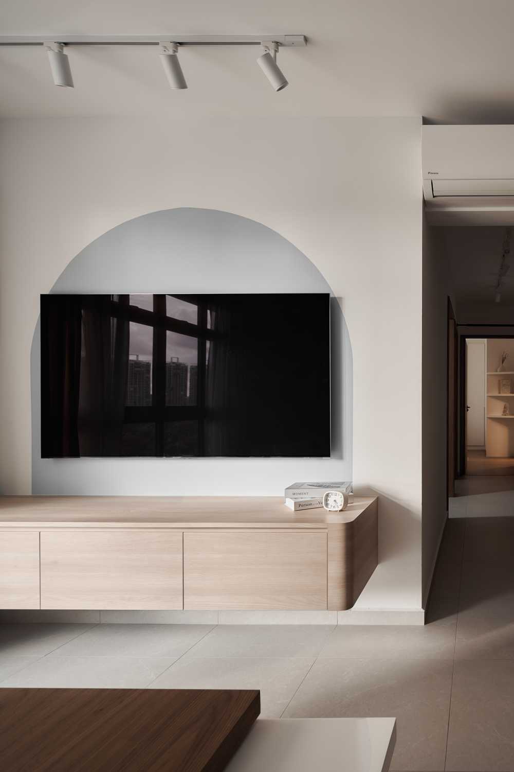 Scandinavian Living Room with Homogeneous Tiles and TV Console