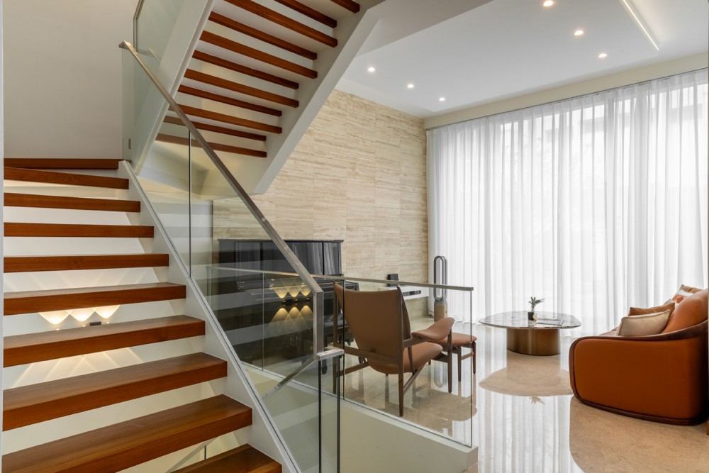 Modern Living Room with Marble Floor and Staircase