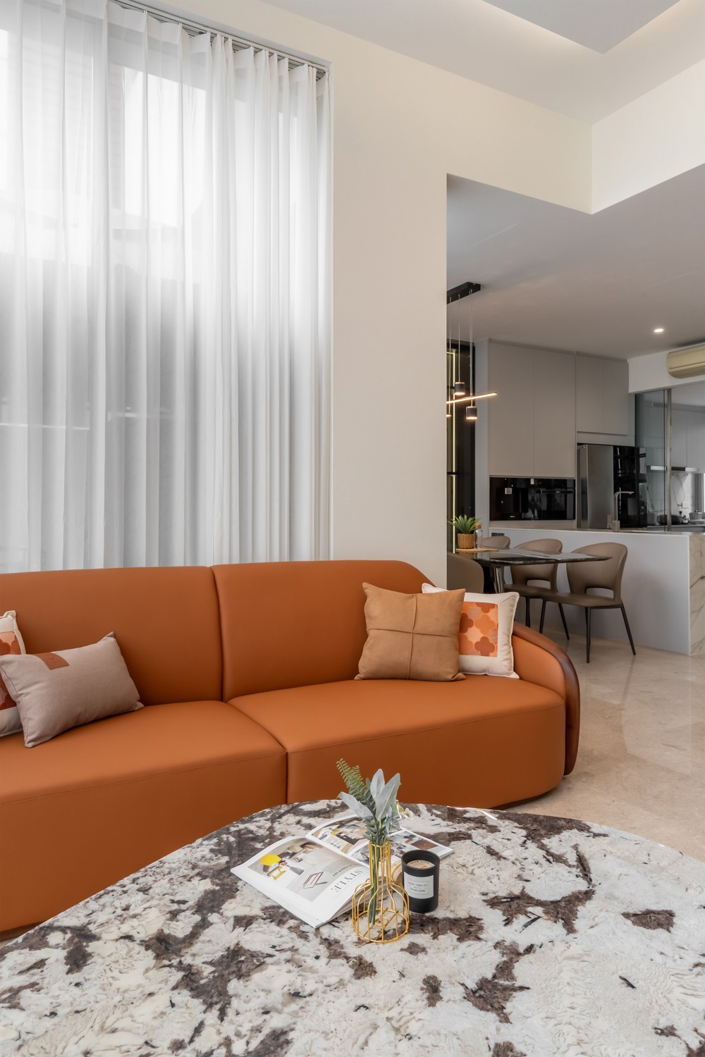 Modern Living Room with Marble Floor and Curtain