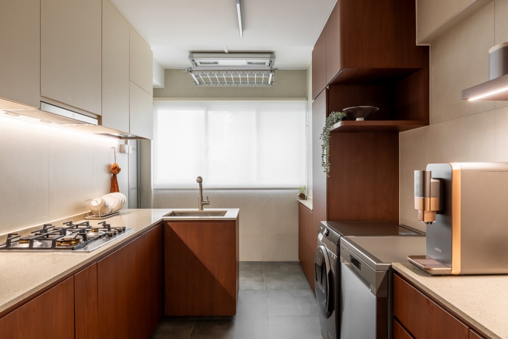 Asian Kitchen with Countertop and Homogeneous Tiles