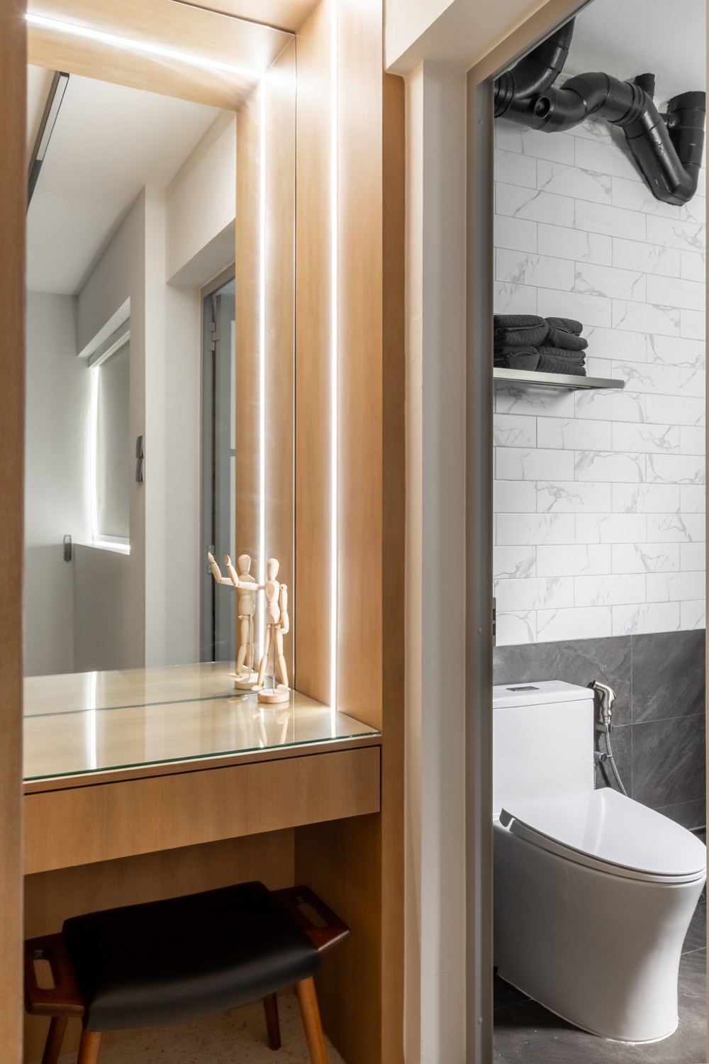 Asian Bedroom with Homogeneous Tiles and Bedroom Dresser