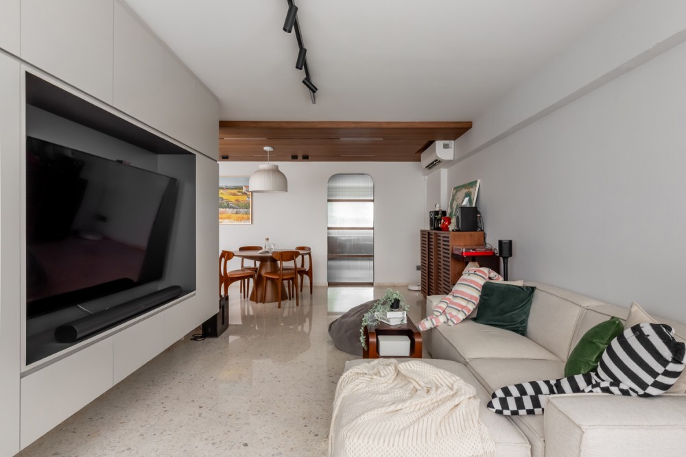 Asian Living Room with Homogeneous Tiles and Sofa